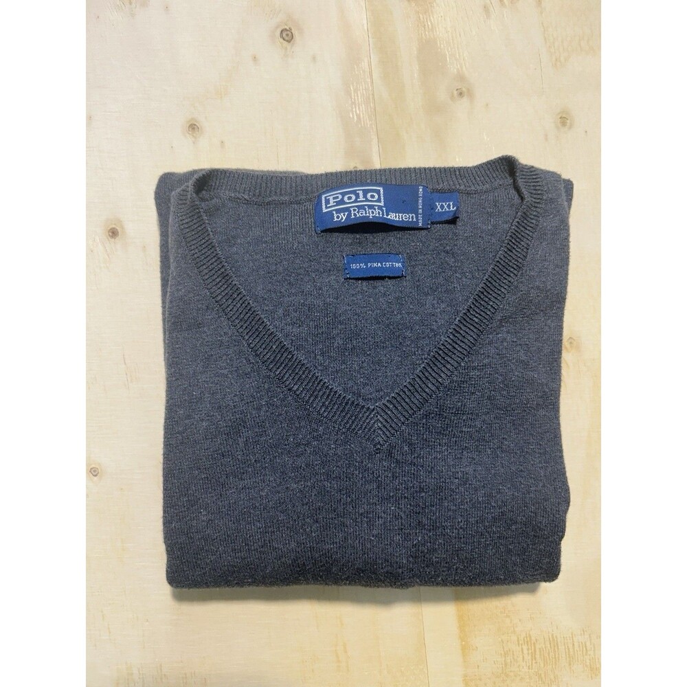 Polo Ralph Lauren Men's Gray Pima Cotton V-Neck Sweater Pullover Logo Size XXL